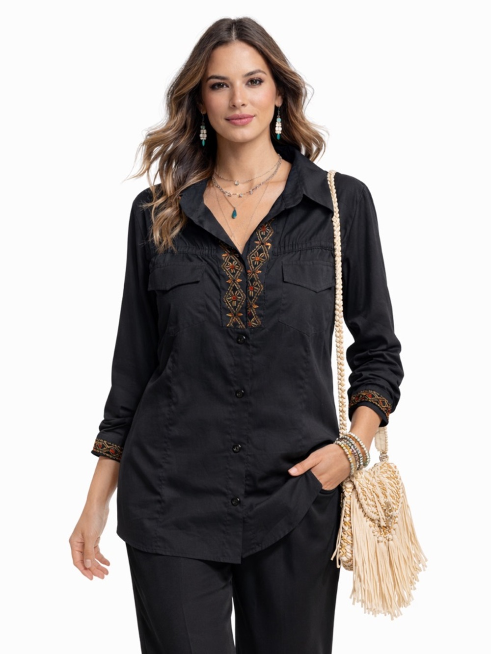 Alexandra Rosati Womens Black Embroidered Cutout Back Western Shirt Size M